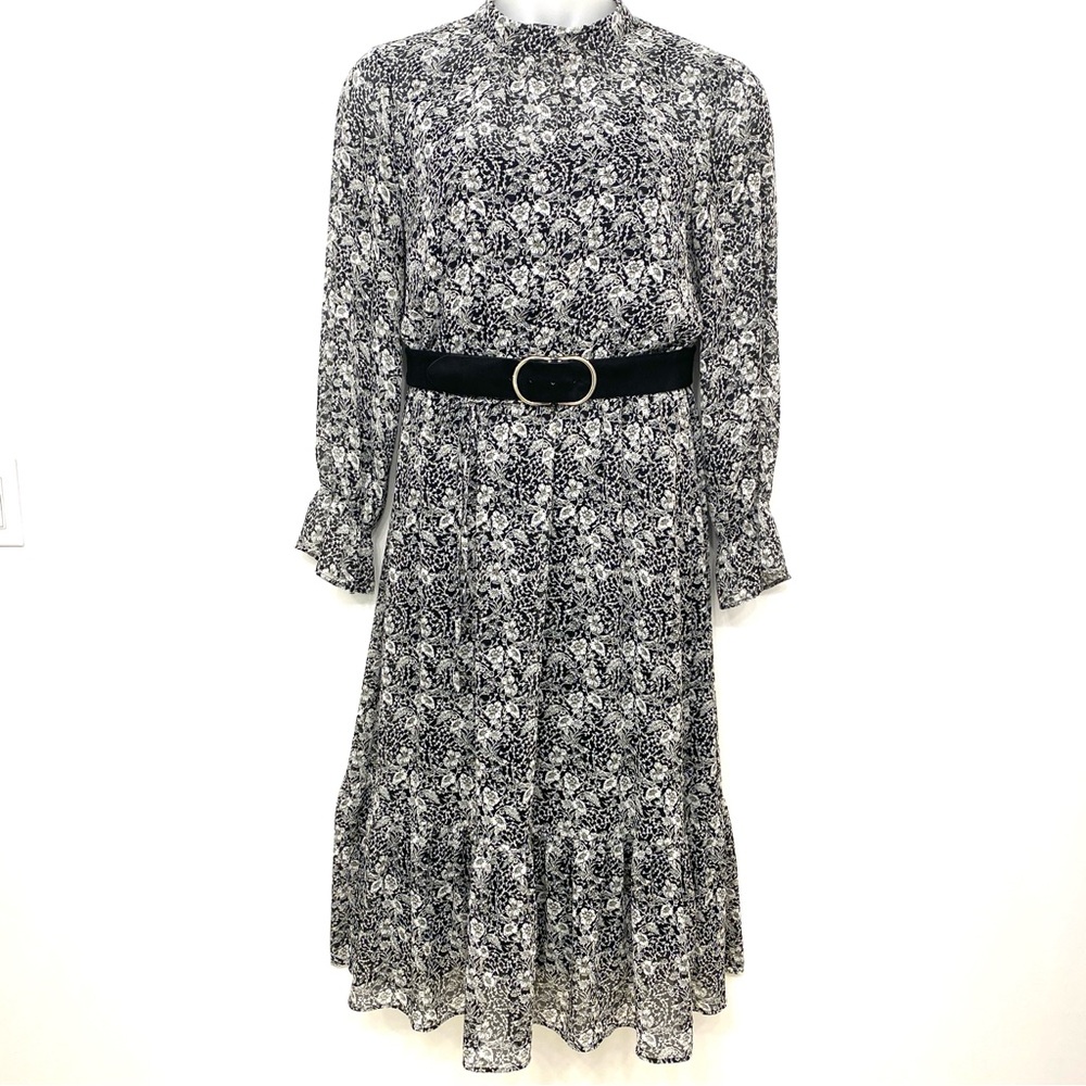 Banana Republic Floral Midi Dress Black High Neck Long Sleeve 12 Wedding Guest
